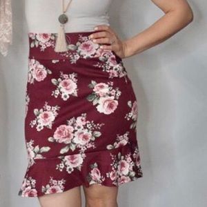 Burgundy Floral ruffle pencil skirt
